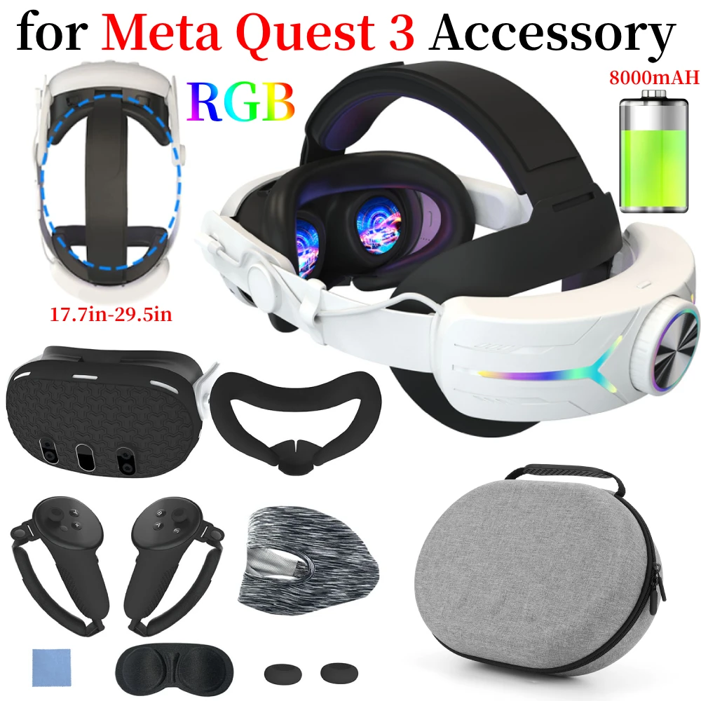 For Meta Quest 3 Accesories Adjustable VR Headset Comfortable Head Strap RGB LED Backlight 8000mAh Battery For Oculus Quest 3