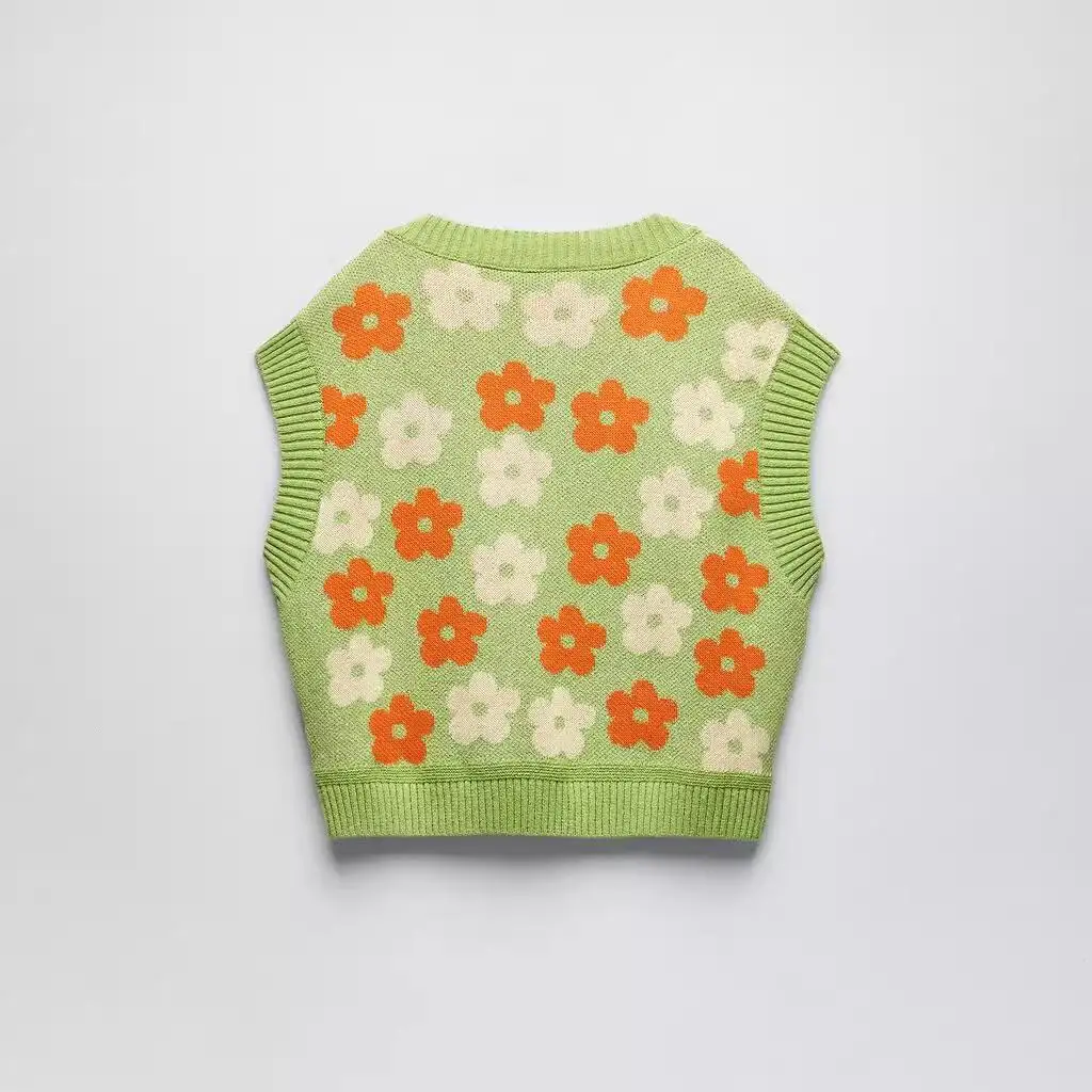 Damska dzianinowa bluzka typu \"lazy vest\" z haftem kwiatowym, koreański luźny krój, sweter z dekoltem w serek, włókno poliestrowe.