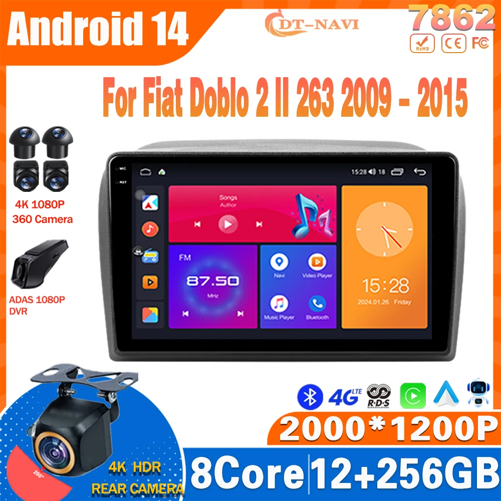 

Android14 Car Radio For Fiat Doblo 2 II 263 2009 - 2015 Multimidia Video Player Navigation GPS Carplay NO 2Din 4G Head Unit WIFI