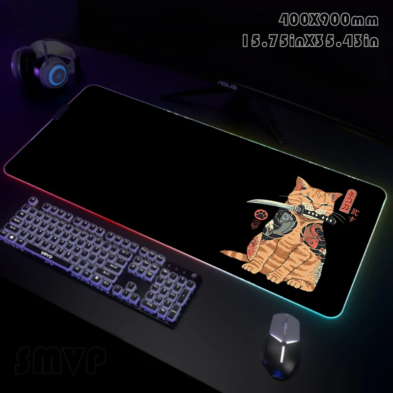 

Игровой коврик для мыши в виде кота и воина, RGB, большой женский игровой коврик для мыши, Настольный коврик для мыши, большой коврик для клавиатуры, Настольный коврик с подсветкой