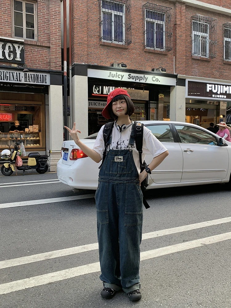 

Джинсовый комбинезон Oiiokk в американском ретро-стиле, свободный прямой крой, широкие штанины, рабочая одежда, удлиненные брюки для женщин