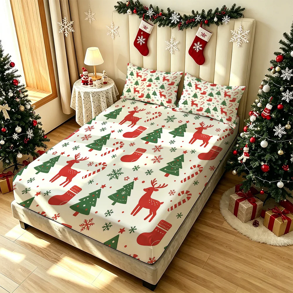3PCS Reindeer Christmas Tree Snowflake Candy Cane Bedding Set 1 Bedspread 2 Pillowcases No Insert Soft Machine Washable Holid