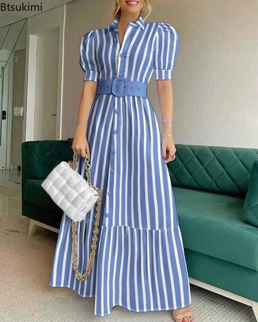 New 2024 Women\'s Summer Short Sleeve Club Party Dresses White High Waist Gowns Button Design Female Luxury Long Dress Vestidos