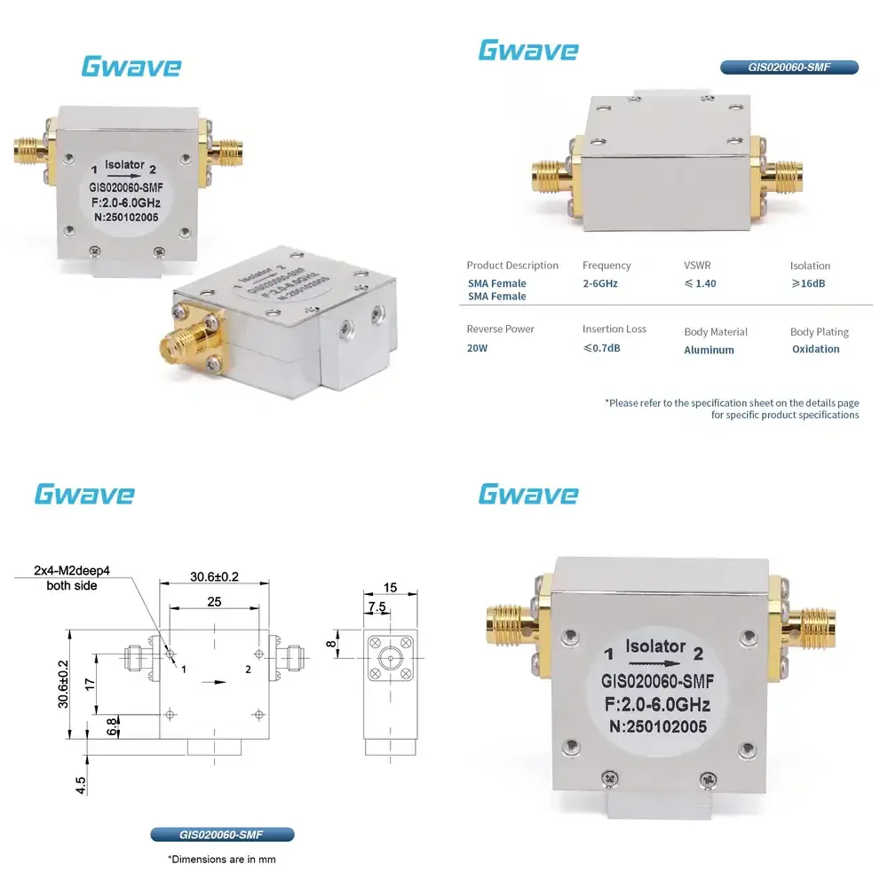 

Isolator with 16dB Isolation From 2GHz to 6GHz 20 Watts and SMA Female