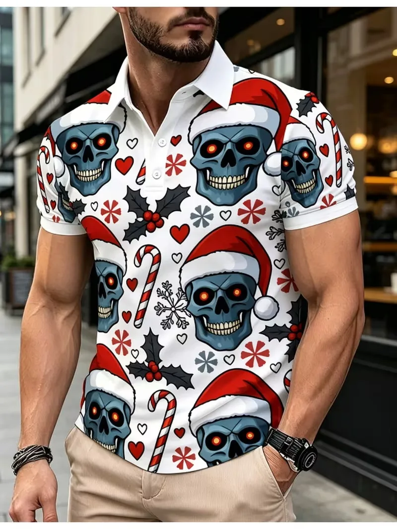 Men Christmas Skull Polo Shirt Santa Hat Candy Cane Holly Snowflake Short Sleeve Collared Tee Holiday Party Casual Tops For Male