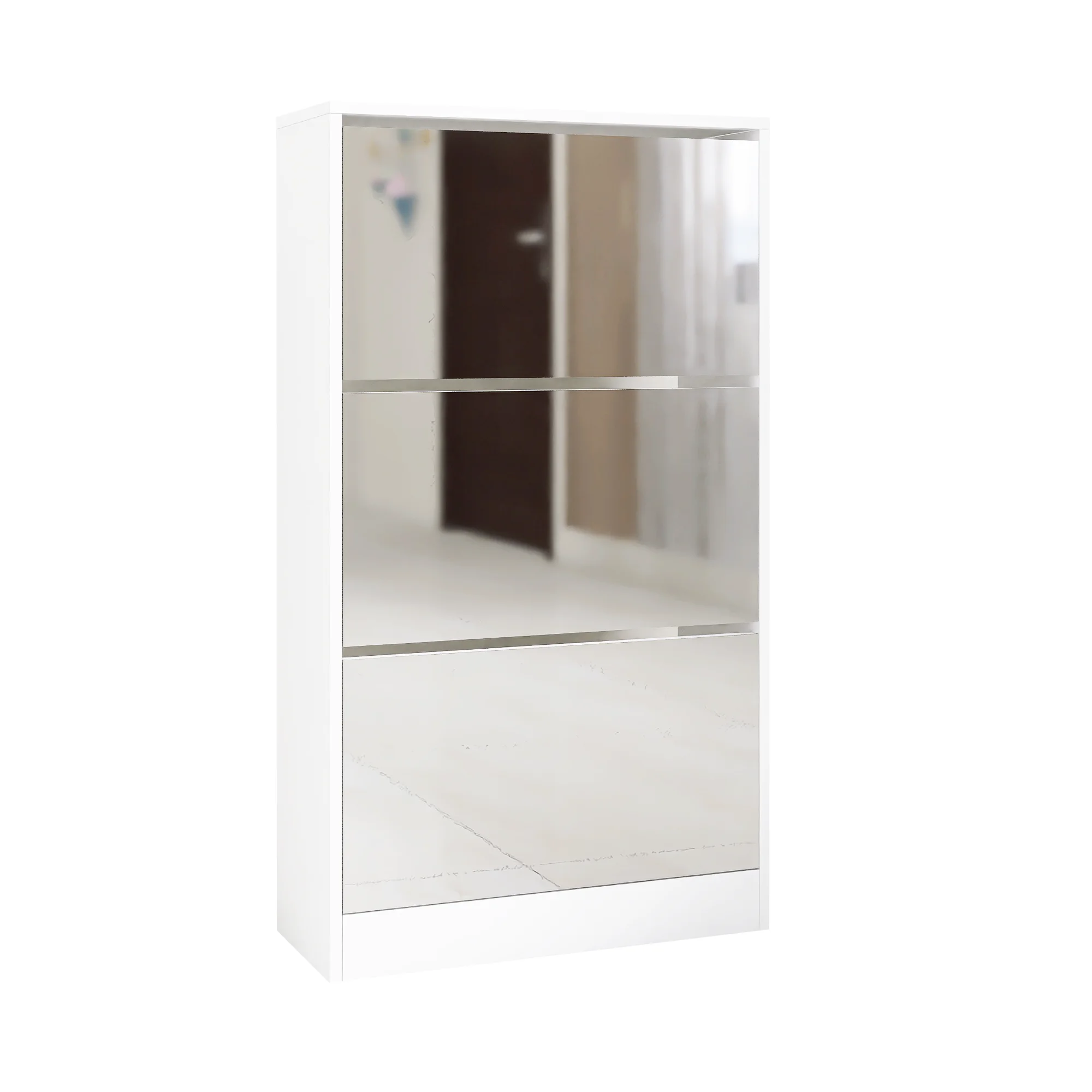 

Narrow Shoe Storage Cabinet with Mirror,Wood Slim Shoe Rack 3Tier Shoe Organizer for Home and Apartment,White