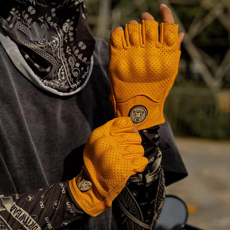 Leather Motorcycle Riding Gloves Breathable Half Finger Touchscreen Fingerless EVA Hard Shell Armor Ventilated Men Offroad Glove