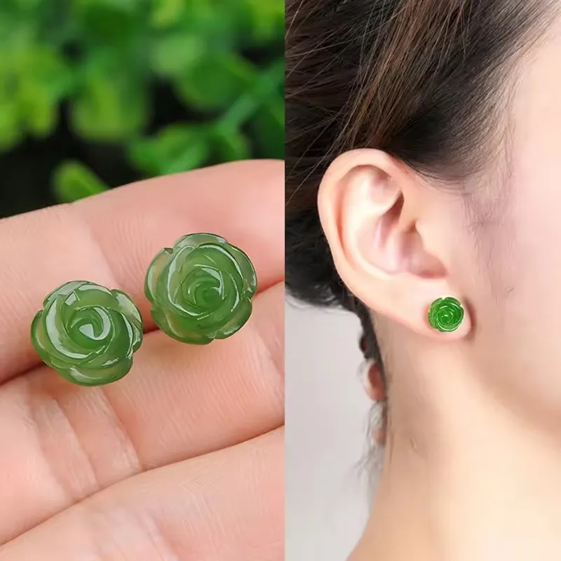 PANJBJ 925 Sterling Silver Rose Hotan Jade Earring for Women Girl Ethnic Style Versatile Temperament Jewelry Gift Dropshipping