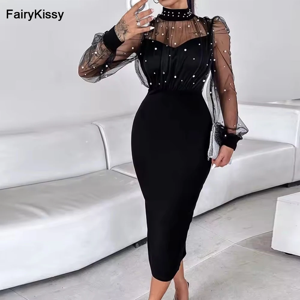

FairyKissy Black Long Sleeves Prom Dresses High Neck Pleated Evening Dresses Women Wear Pearls Tea Length Party Gowns