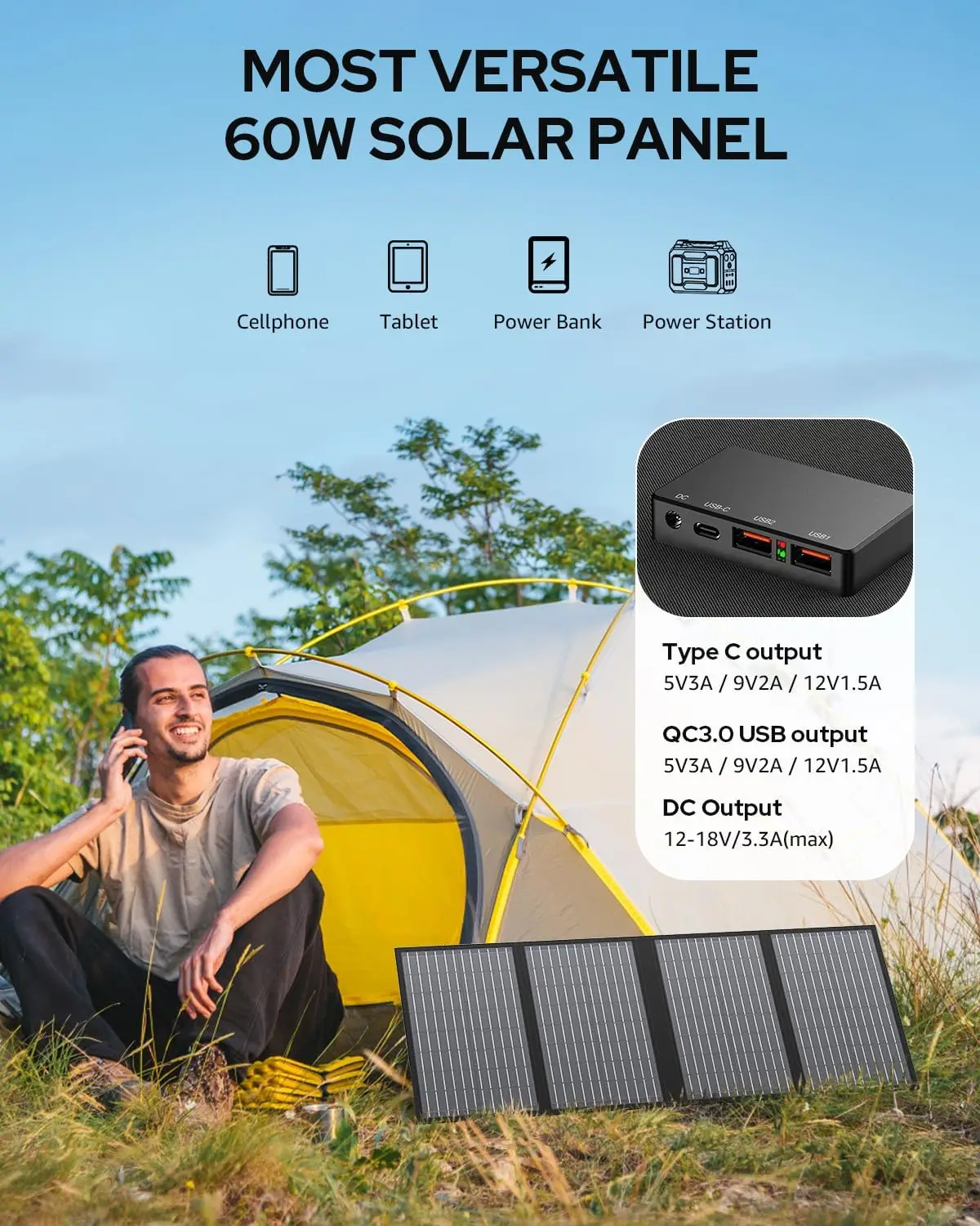 60W Portable Solar Panels, Foldable Solar Panel Charger for Portable Power Station(Under 500W), with Adjustable Kickstands