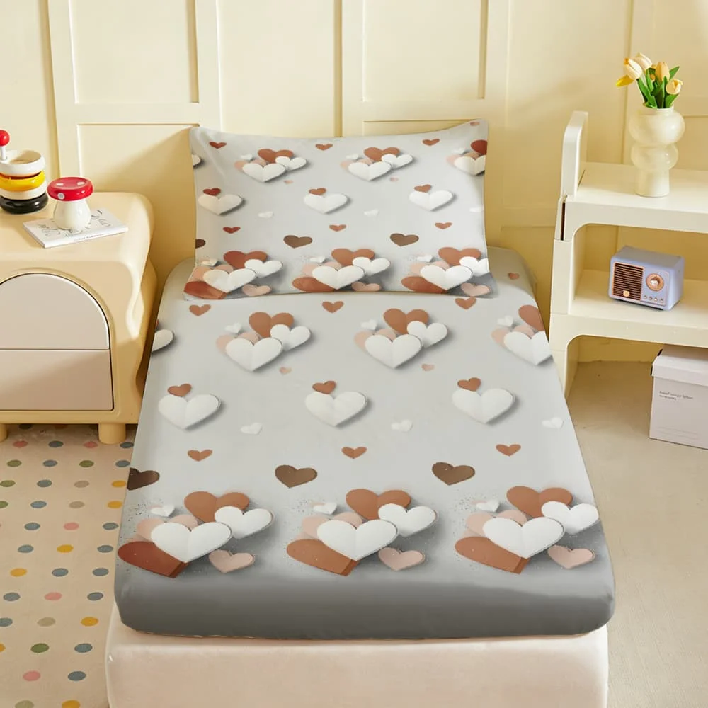 1pc Brown & White Love Heart Print Fitted Sheet Deep Pocket Elastic Mattress Cover Single Double Queen King Bedroom Decor