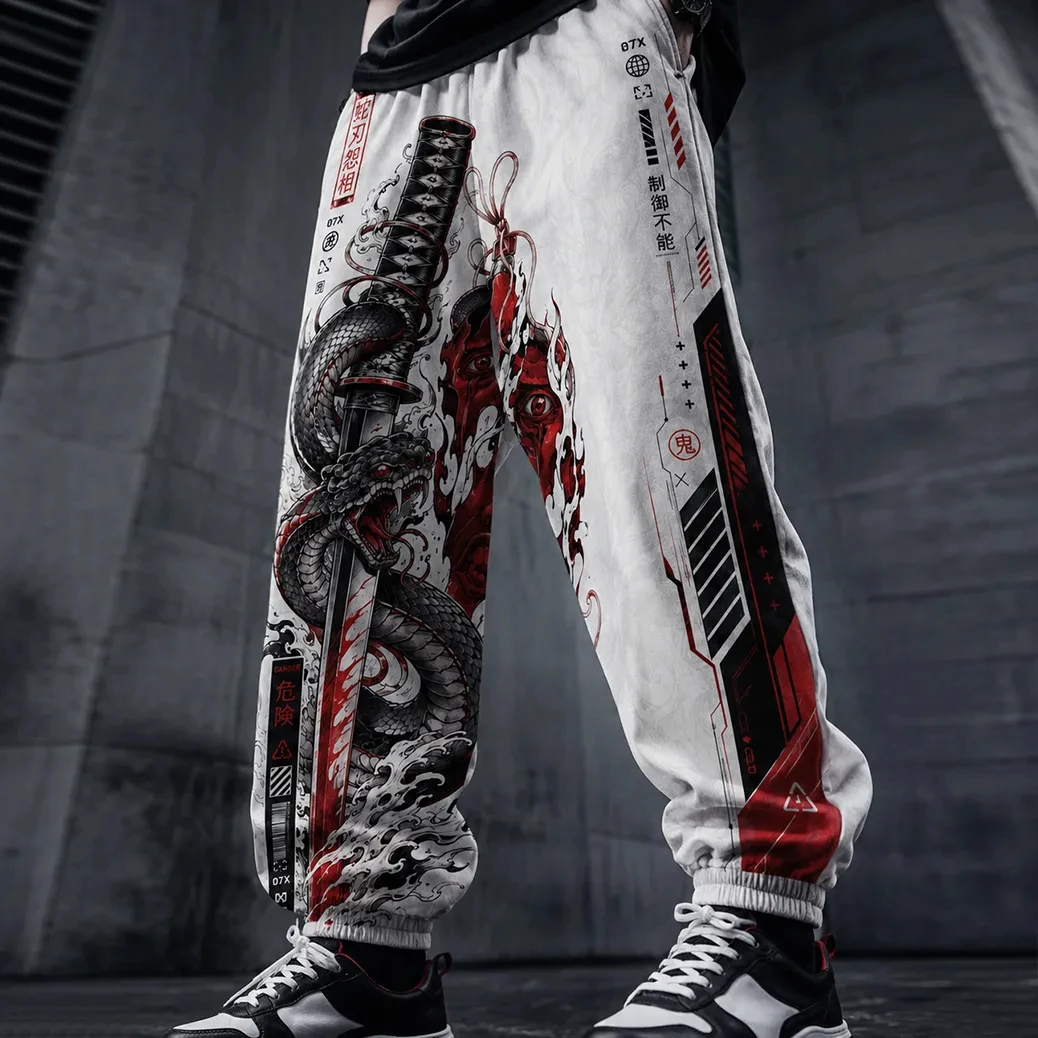 Japanese Snake-shaped Samurai Sword and Demon Ghost Pattern Sports Sweatpants, Outdoor Casual Sports Pants, Hip-hop Streetwear.