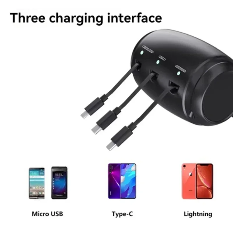 Retractable Power Cord 3-in-1 Car Rear Seat Stand For Android Apple Mobile Tablet Fast Charger