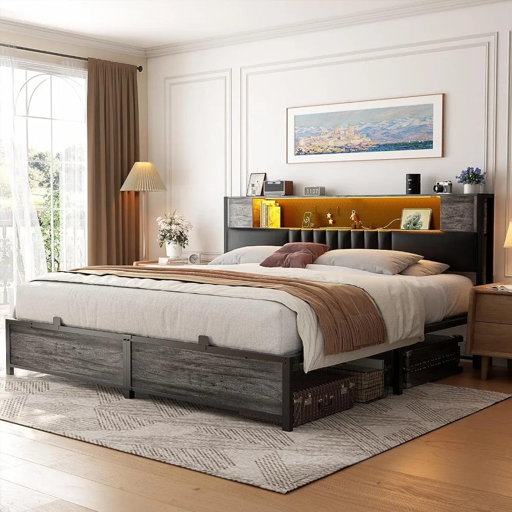 

Bed Frame with LED Light & Power Outlets,Platform Bed with Upholstered Headboard and Storage,Sturdy Metal Slats Bed Frames