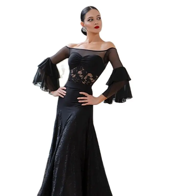 Adults Ballroom Dance Competition Dresses Black Waltz Modern Dancing Clothes Women\'S Mesh Latin Top Long Skirts Costume SL10238