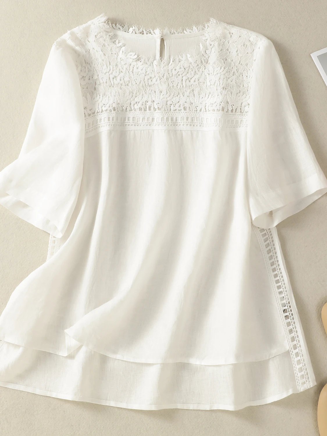 

Elegant Lace Splice Hollow out Short Sleeve round Neck Women's Shirt Summer New Style Korean Asymmetric Cotton Blend Breathable