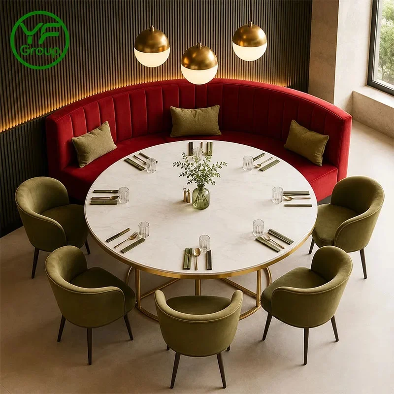 Direct Factory Sale Luxury Table Chair Set with Velvet Wood Curved Round Booth Seating Restaurant Furniture for Hotel