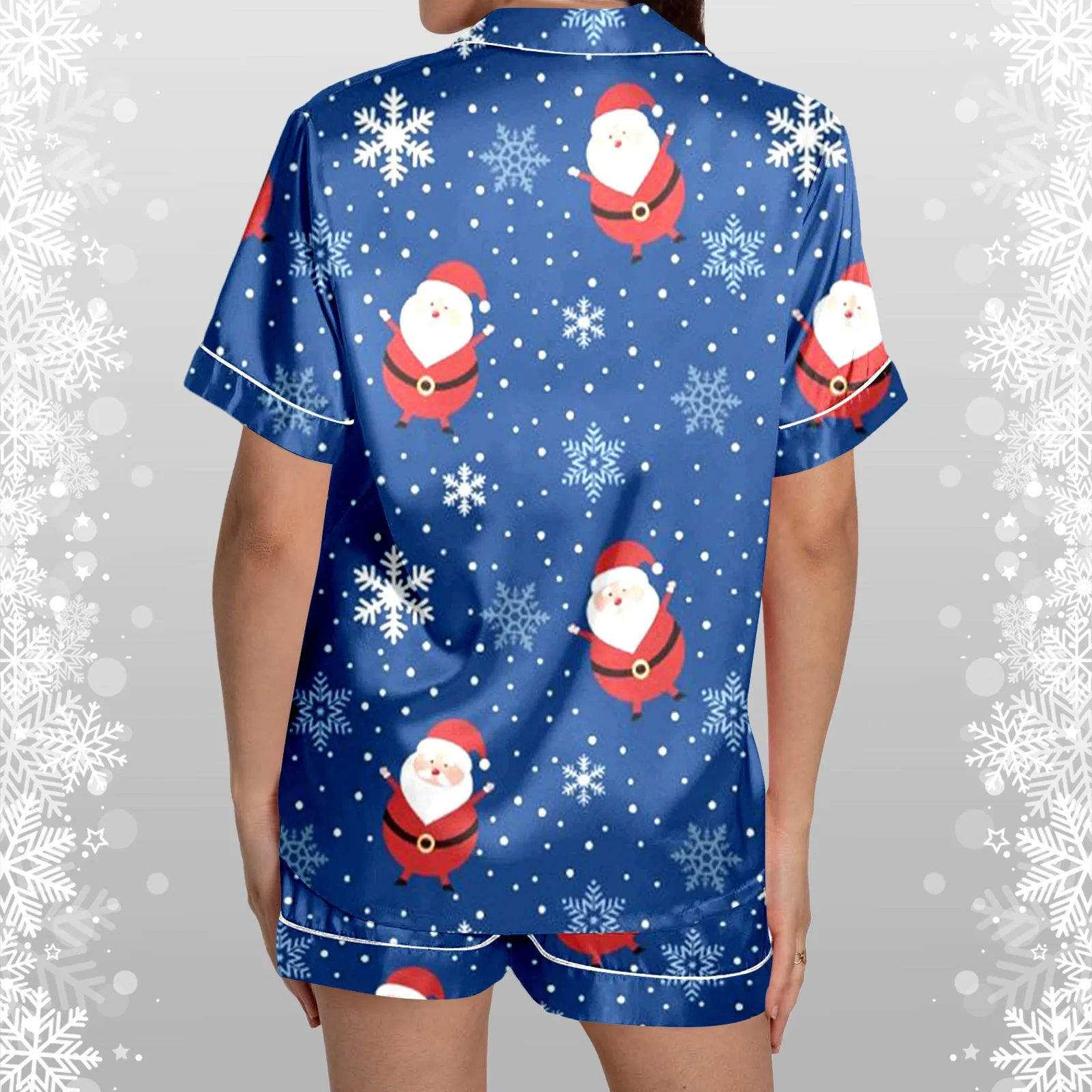 Ladies\' Casual And Fashionable Snowman Santa Star Christmas Print Silk Satin Short Sleeved Button Crop Top Pajama Set for Women