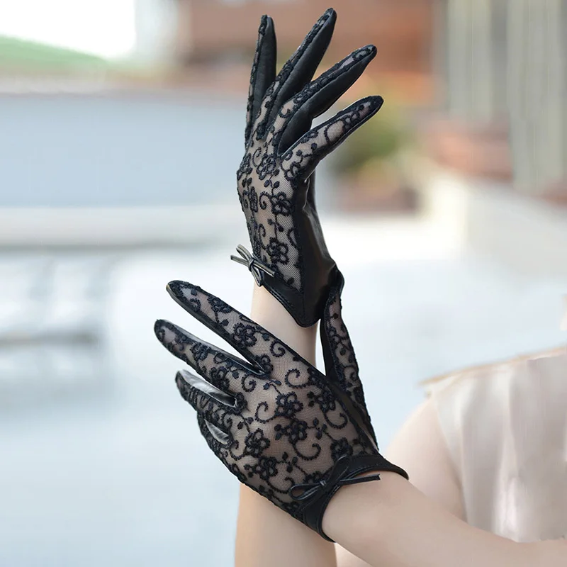 Touchscreen Women's Sheepskin Gloves Fashion Lace Thin Unlined Spring and Summer Ladies Leather Driver Gloves Free Shipping