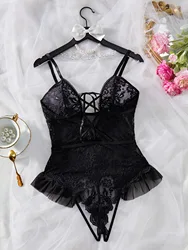 Women Crotchless Lace Strappy Rompers Lingerie One Piece Combination Catsuits Backless Erotic Sexy Bodysuits V-Neck