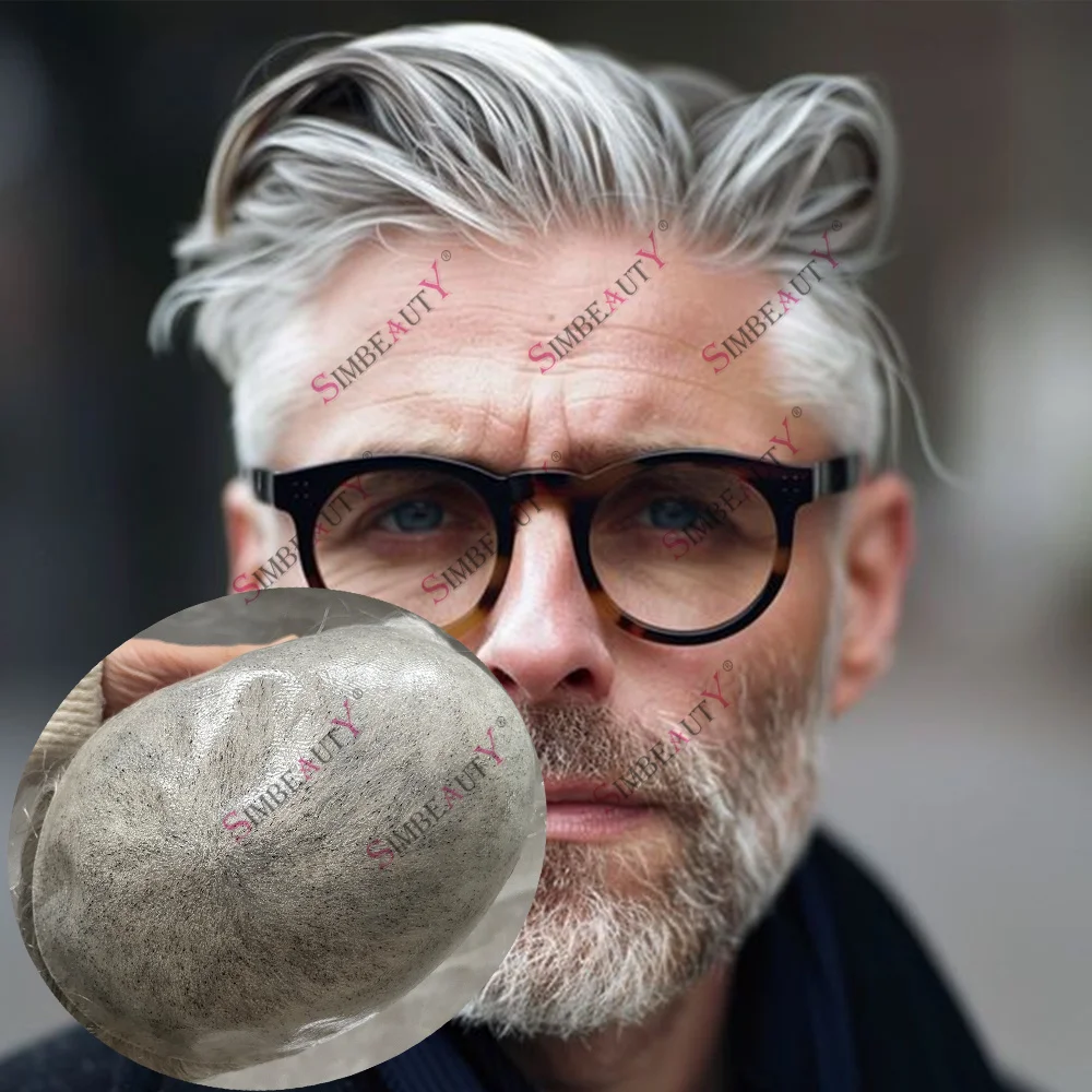 Natural Hairline Super Durable 0.1mm Injection PU Base Men Toupee Full Thin Skin Ash Brown Grey Man Human Hair System Prosthesis