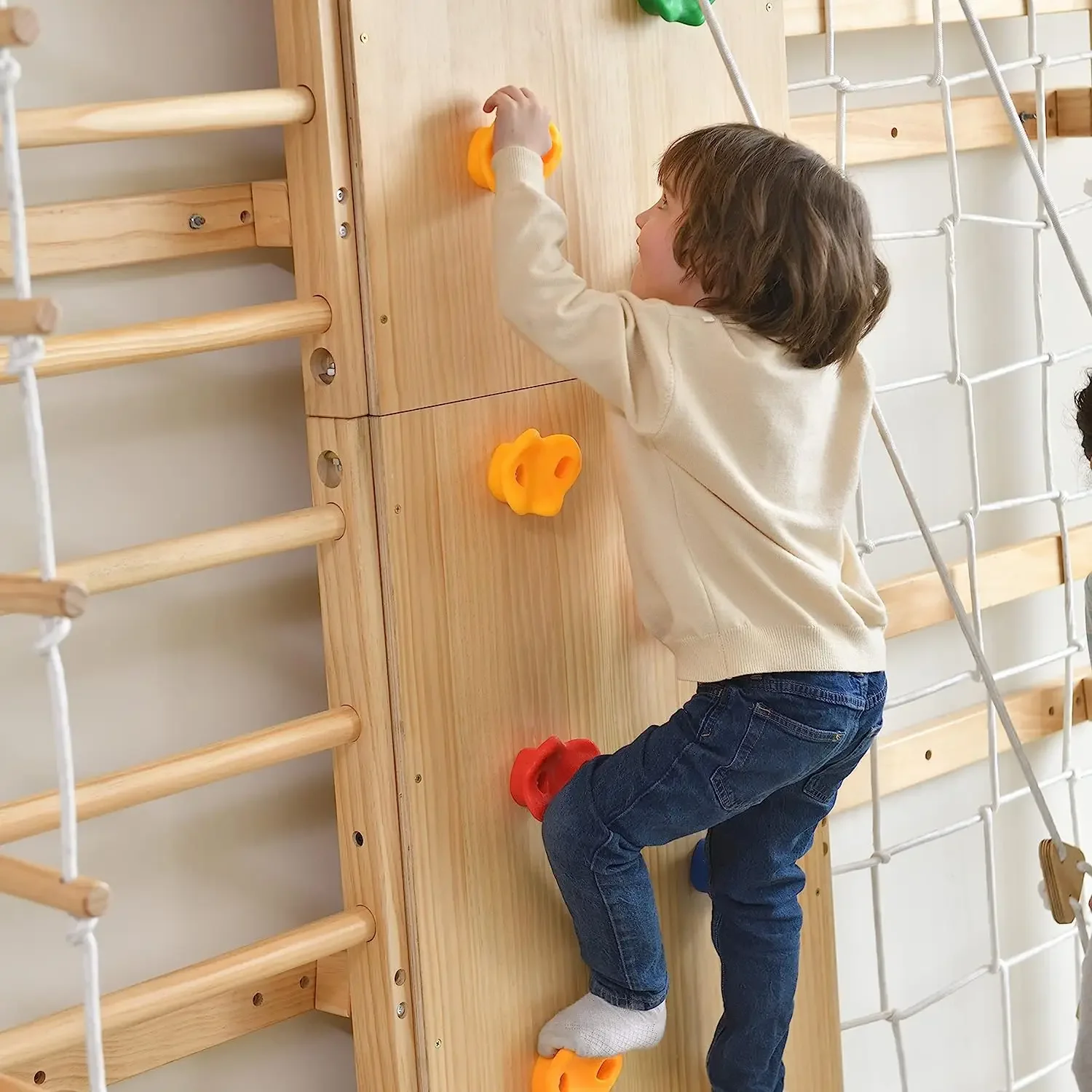 Indoor Montessori Playground  9-in-1 Swedish Kids Ladder Wall Jungle Gym Set With Rock Climbing And Pullup Bars