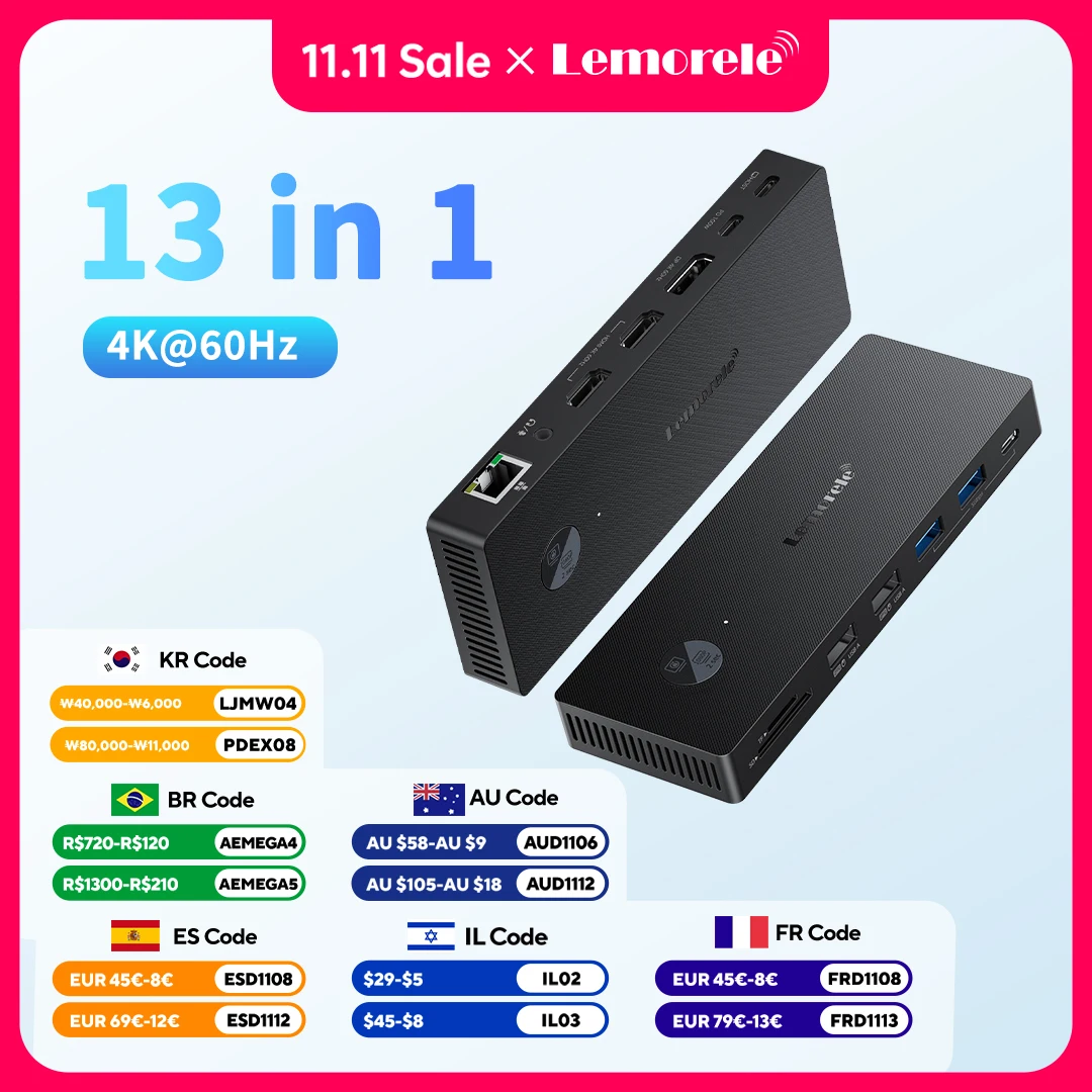 Lemorele 13-Ports Hub 5Gbps USB A/C Data Transfer Hub  With RJ45 Double HDMI DP 4K@60Hz PD 100W for Laptop Multi-Port Expander