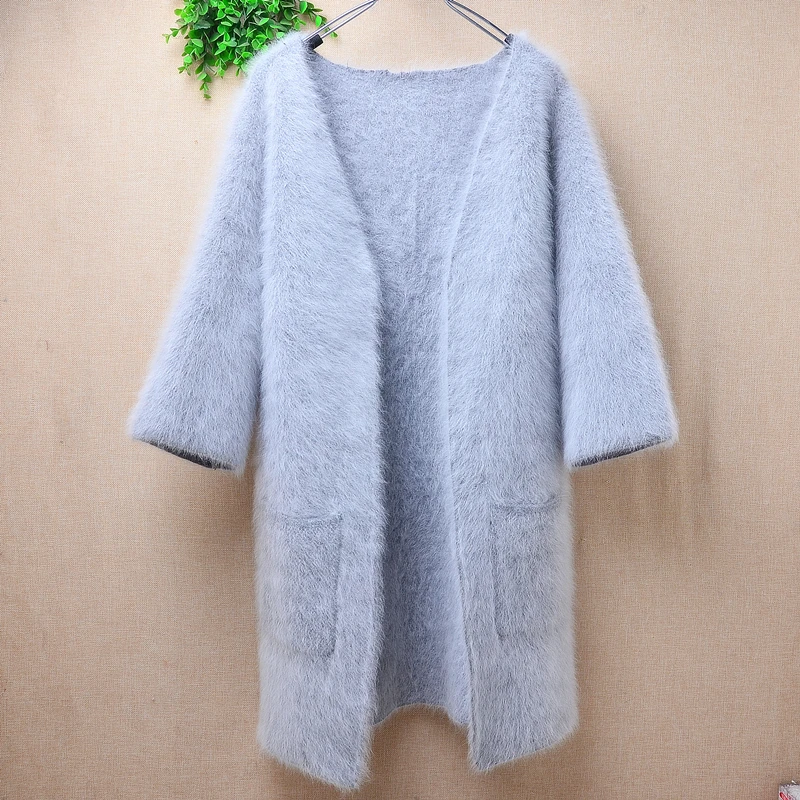 

Ladies Women Fall Winter Fashion Grey Hairy Mink Cashmere Knitted Half Sleeves Slim Cardigans Mantle Angora Fur Sweater Jacket