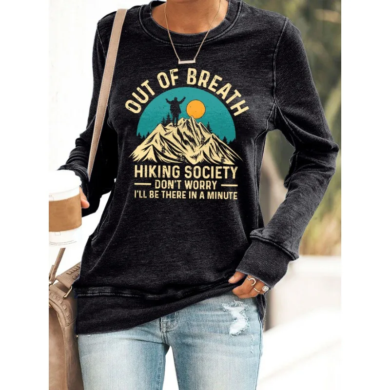 ilstile Damen-Sweatshirt „Out Of Breath Hiking Society“ mit Buchstaben-Aufdruck, langärmelig, lässig, Outdoor, Rundhalsausschnitt, Schwarz, Blau