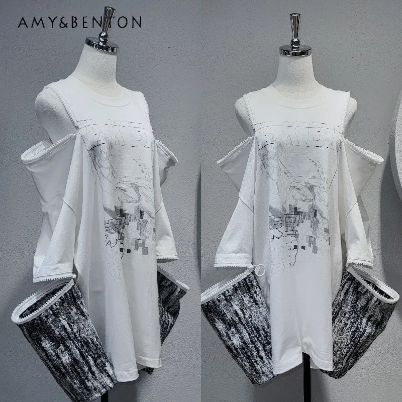 

Subculture Gothic Print Zipper Off-Shoulder Long Sleeve T-Shirt Women Harajuku Style Patchwork Color Oversized T Shirt Y2k Top