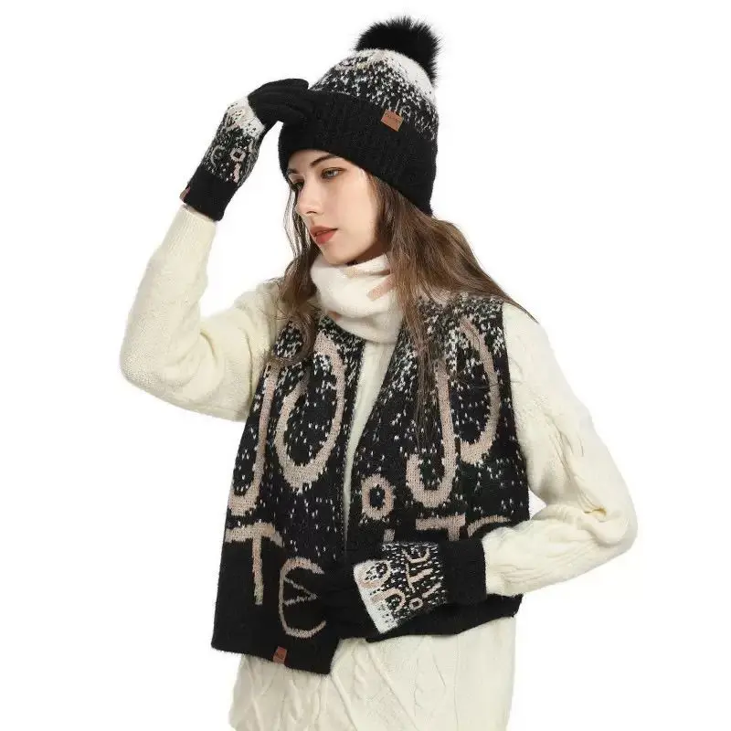 New Women's Winter Thermo Knit Hat Scarf and Gloves Set (Fleece-Lined Thickened for Cold Weather Protection)