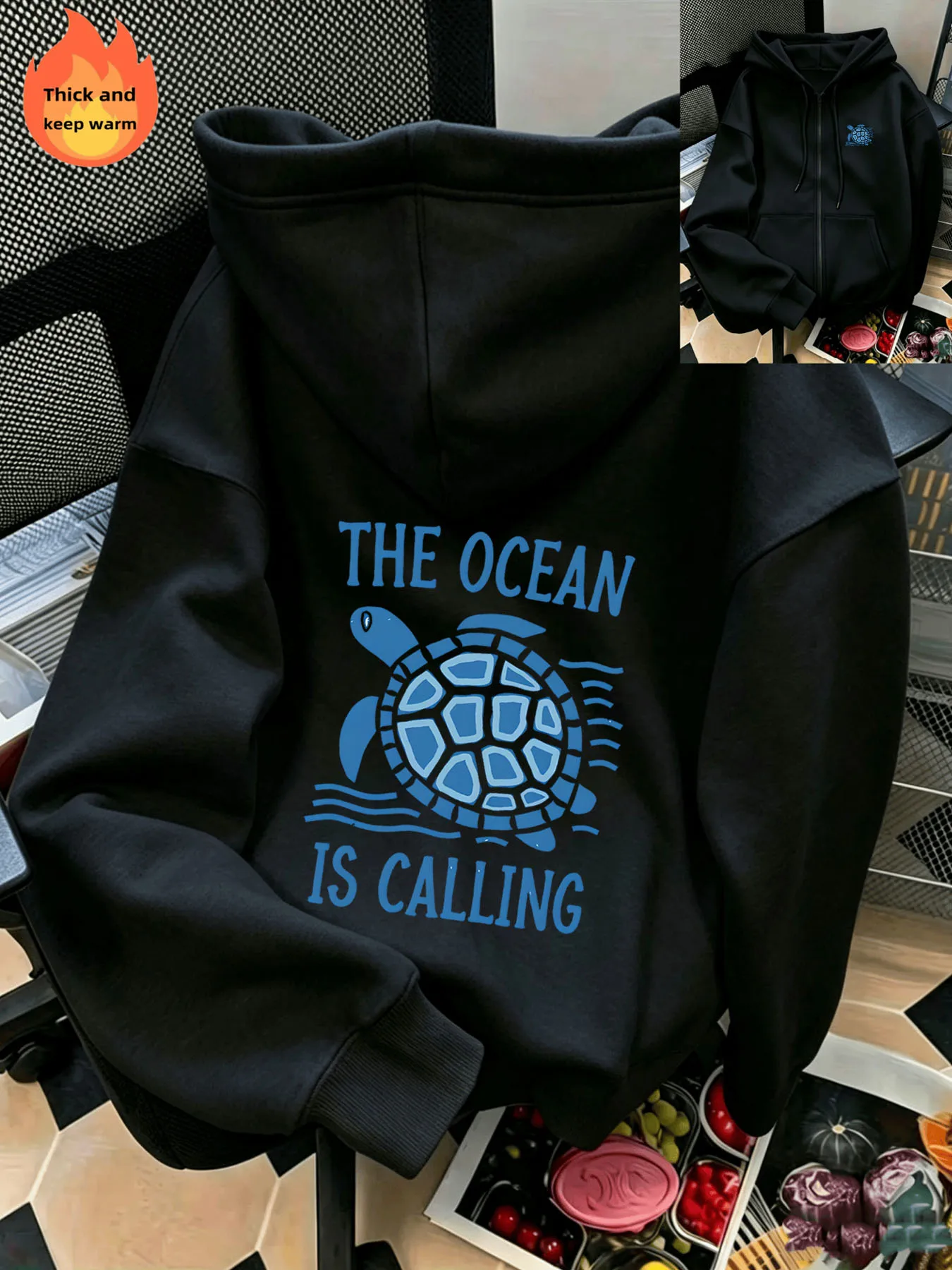Turtle & Letter Graphic Print Zip‑Up Hoodie, Casual Long‑Sleeve Zip Hoodie, Knitted Polyester Fabric for Fall & Winter.