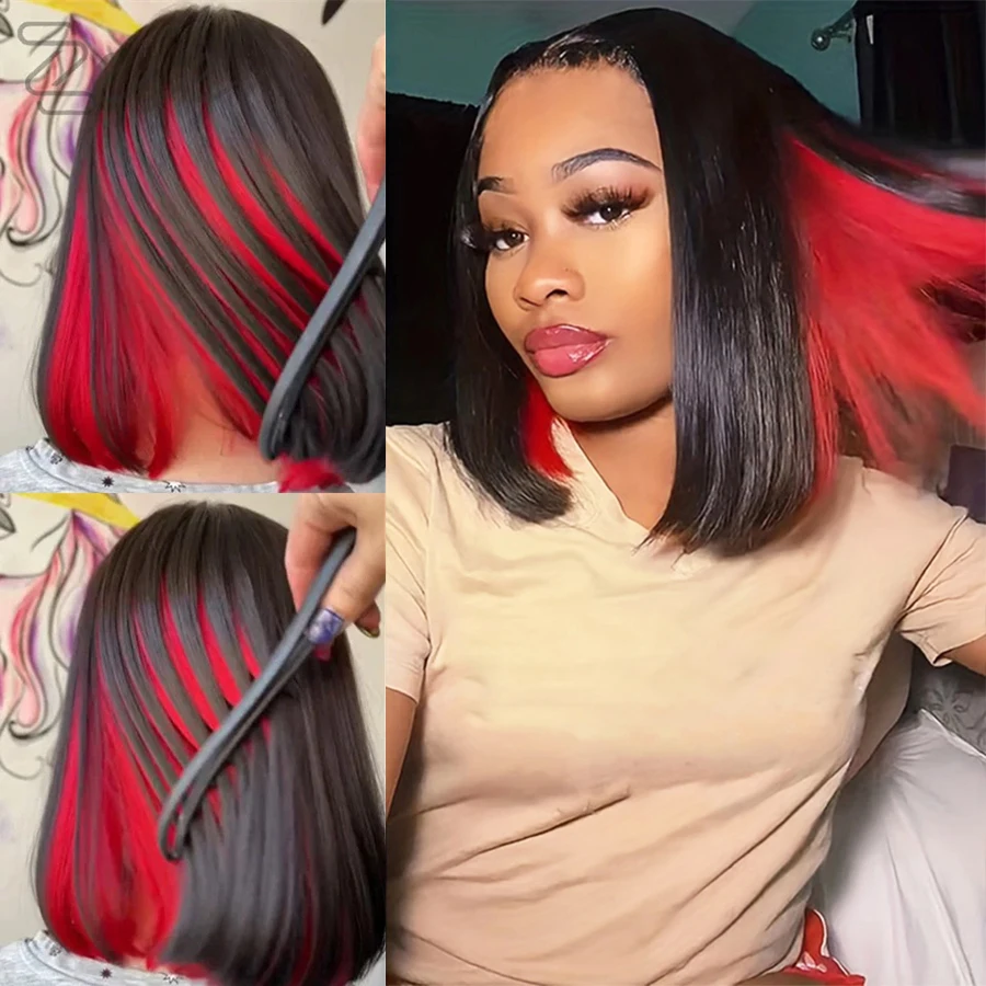 Ombre Red Short Bob Pink Non-Lace Front Synthetic Hair Wig Straight Pre Plucked Part Use For Black Women