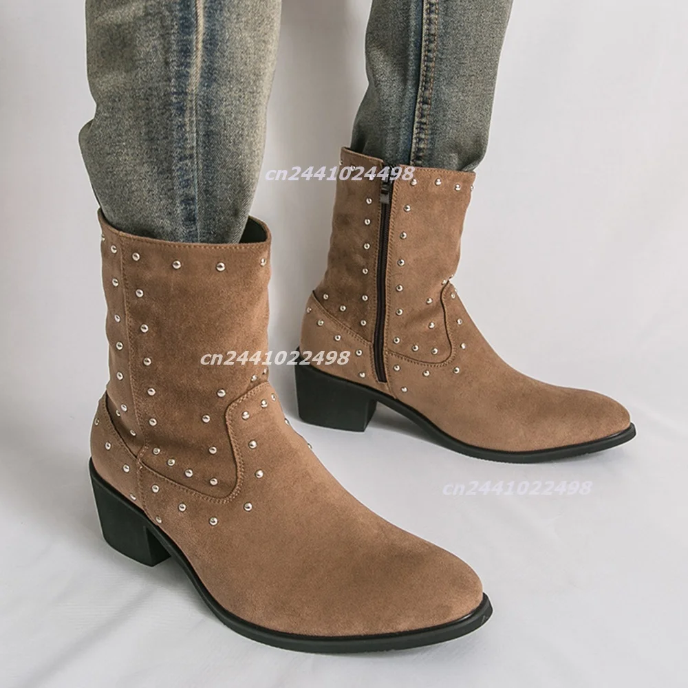 Gentlemen Retro Riveted Cowboy Ankle Boots, Faux Suede Side Zip Block Heel Pointed Toe Trendy Mid Height Boots for Daily Outing