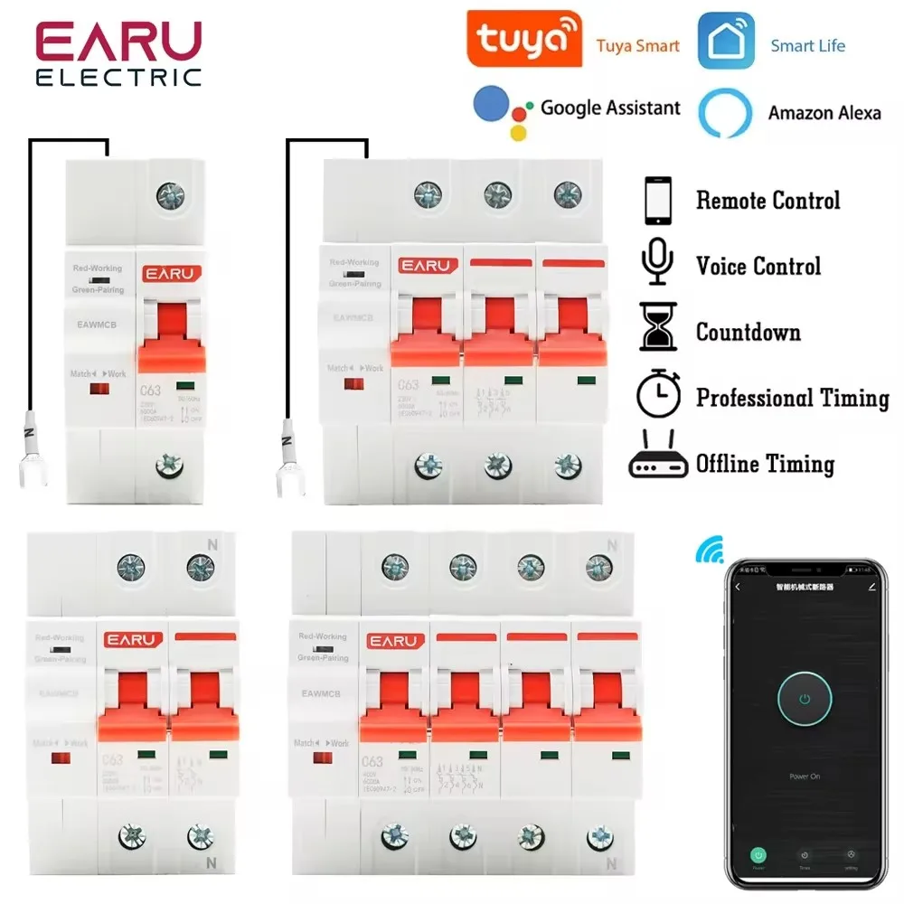 

1P 2P 3P 4P TUYA APP WIFI Circuit Breaker Timer Voice Remote Control Smart Life Automatic Intelligent Interruptor WIFI Switch