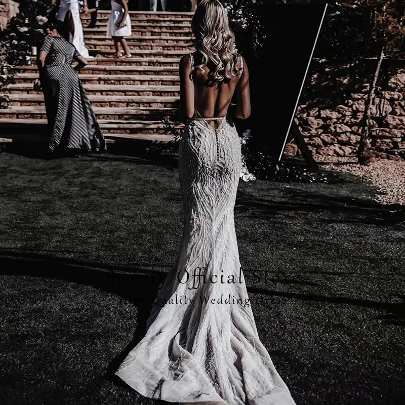 Glitter Mermaid Weddingdress ปักลูกไม้สุทธิลูกปัดเจ้าสาวสแควร์คอแขนกุด Backless ที่กําหนดเอง Vestido De Novia