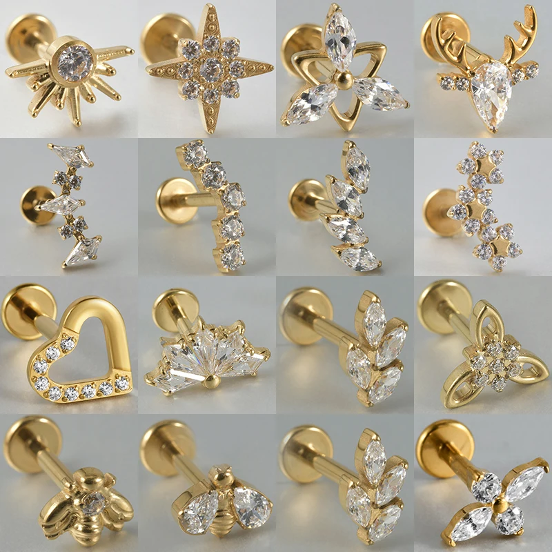 1PC G23 Solid Titanium Internal Thread Zircon Flower Stud Earrings Rook Helix Stud Tragus Cartilage Lobe Labret Piercing Jewelry