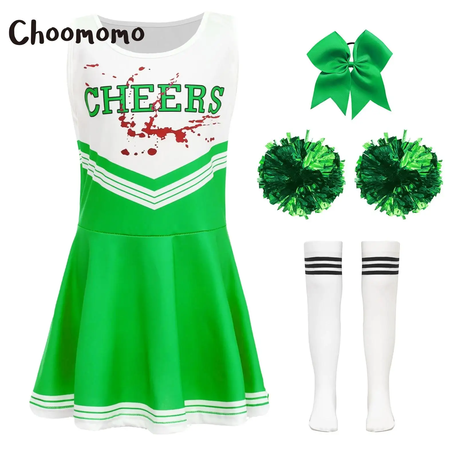 

Kids Girls Cheer Leader Costume Dance Uniform Cheer Up Stage Outfits Includes Cheerleading Dress Hair Tie Hand Flowers Socks