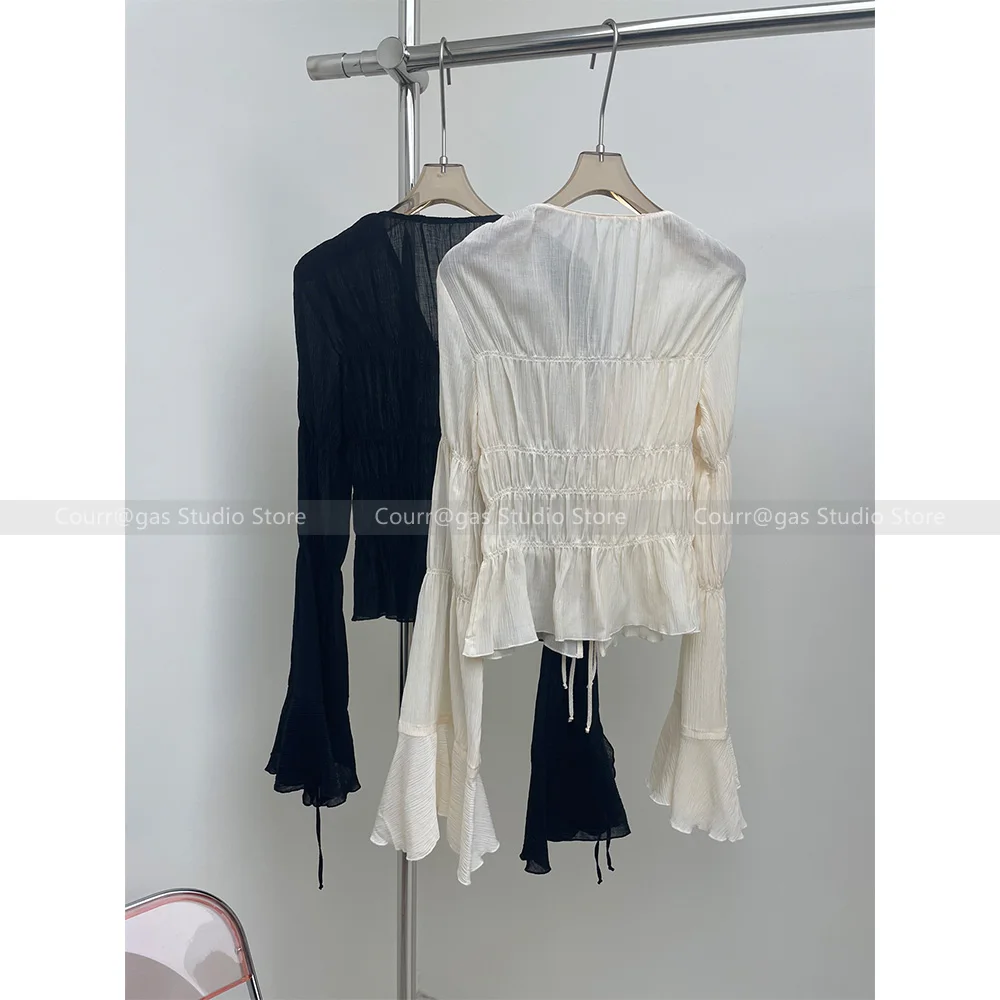 Temperament pleated textured top unique trumpet sleeves v-neck design lace-up hollow shirt