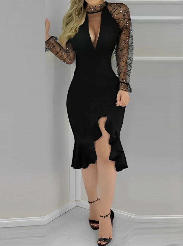 Elegant Evening Party Dresses for Women Sexy Rhinestone Sheer Mesh Ruffles Party Dress 2024 Spring summer New Fashion Casual