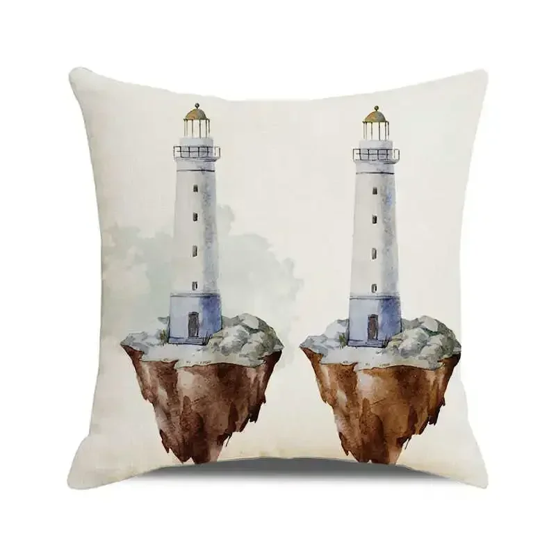 Throw Pillow Cover Watercolor Lighthouse Navigation Ocean Seagull Boat Home Sofa Cushion Cover Home Decor Pillowcase 40x40 Cm