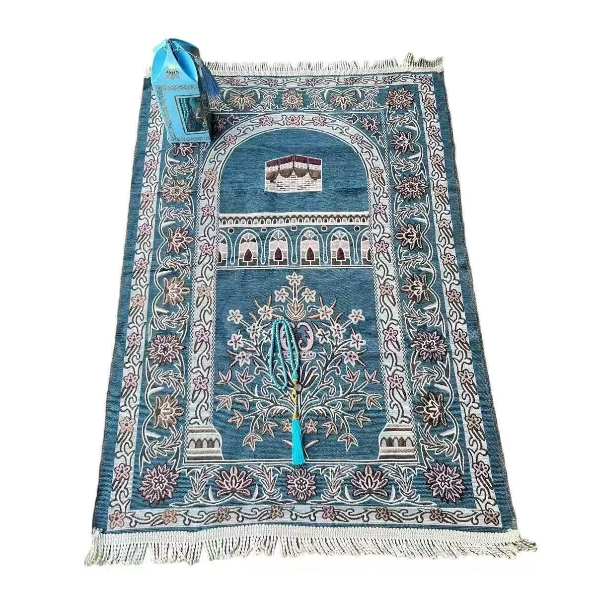 Islamic Prayer Rug Gift Set Kaaba Pattern Chenille Muslim Prayer Mat with Rosary & Gift Box for Ramadan Presents