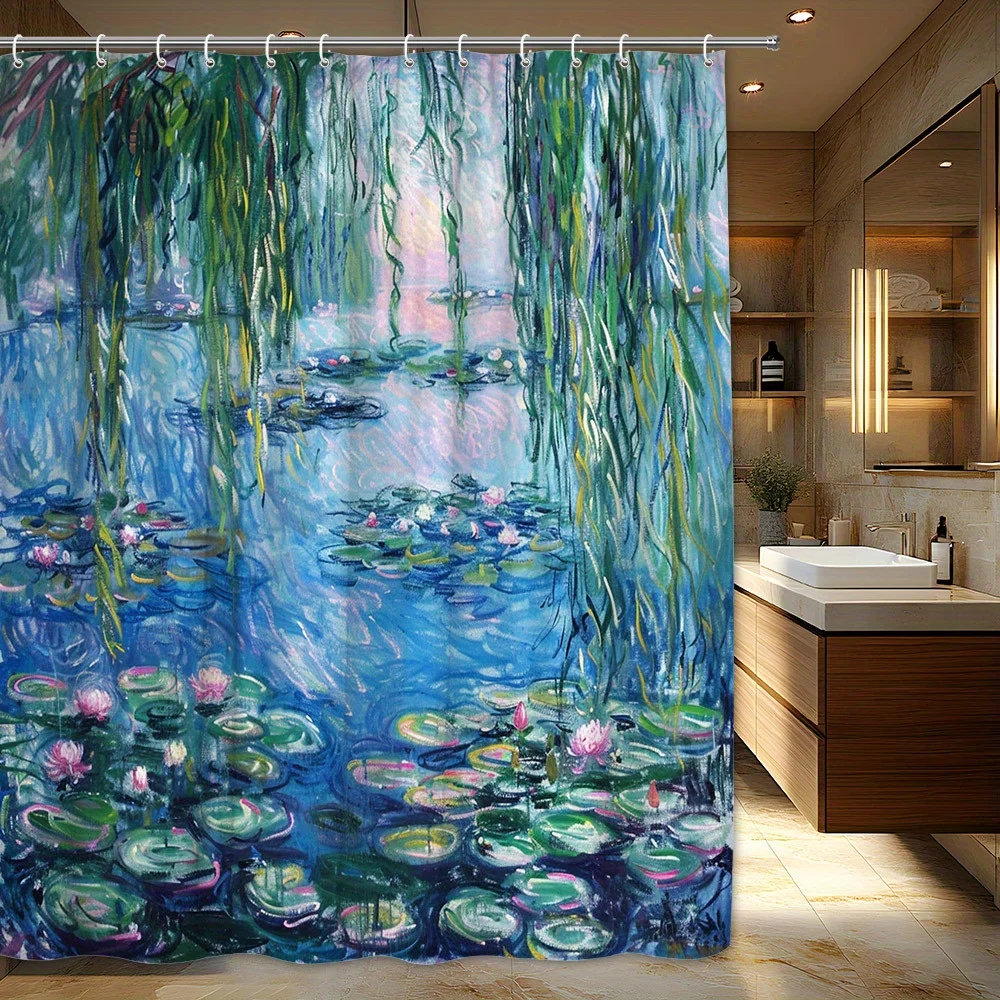 water lily pond shower curtain with impressionist art and hanging willow for peaceful bathroom decor Monet style Hooks Included