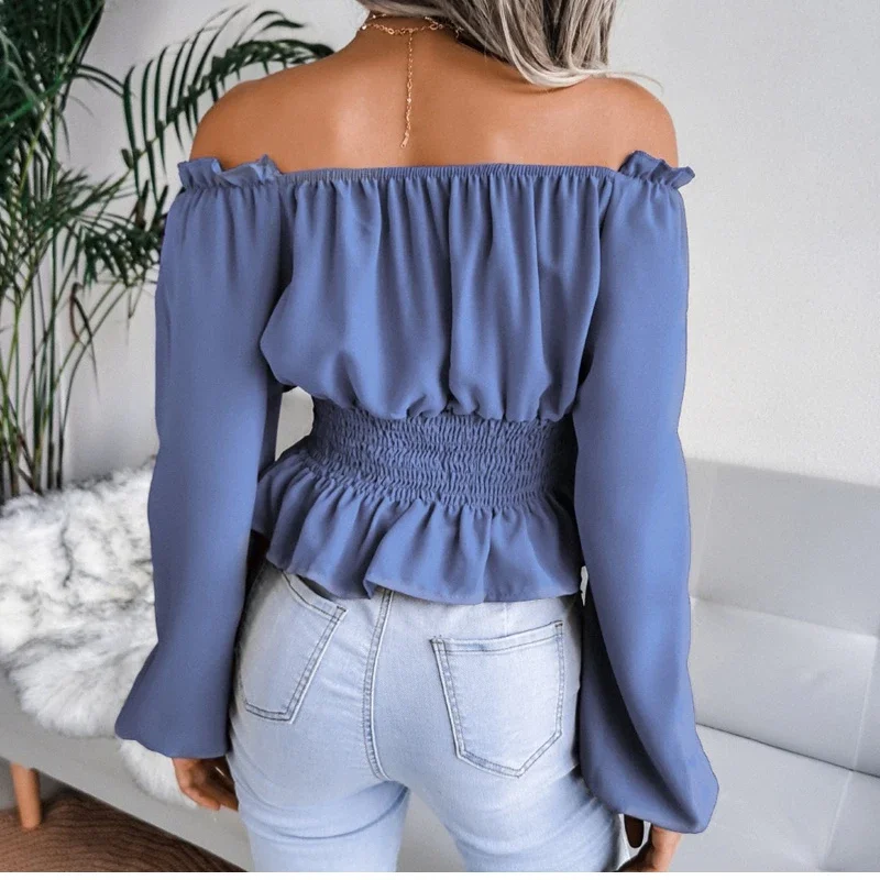 Fashion Woman Blouses Off Shoulder Ruffle Tunics Puff Sleeve Female Elegant Chiffon Shirt топ женский Ladies Tops Ropa Muje