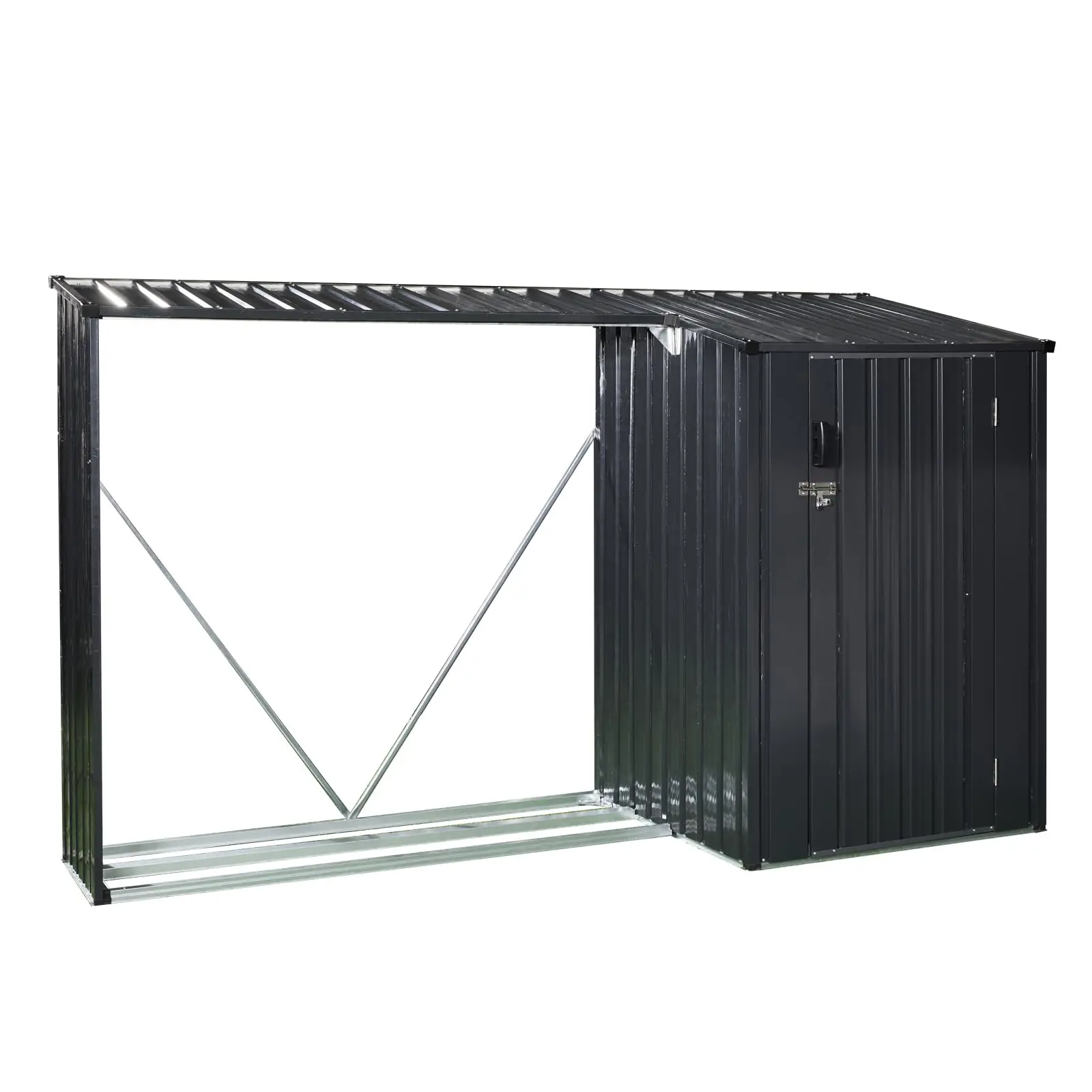 8.55 * 5.3FT Outdoor Firewood Rack & Storage Shed 2-in-1, Steel Wood Holder with Tool Compartment and Sloped Roof