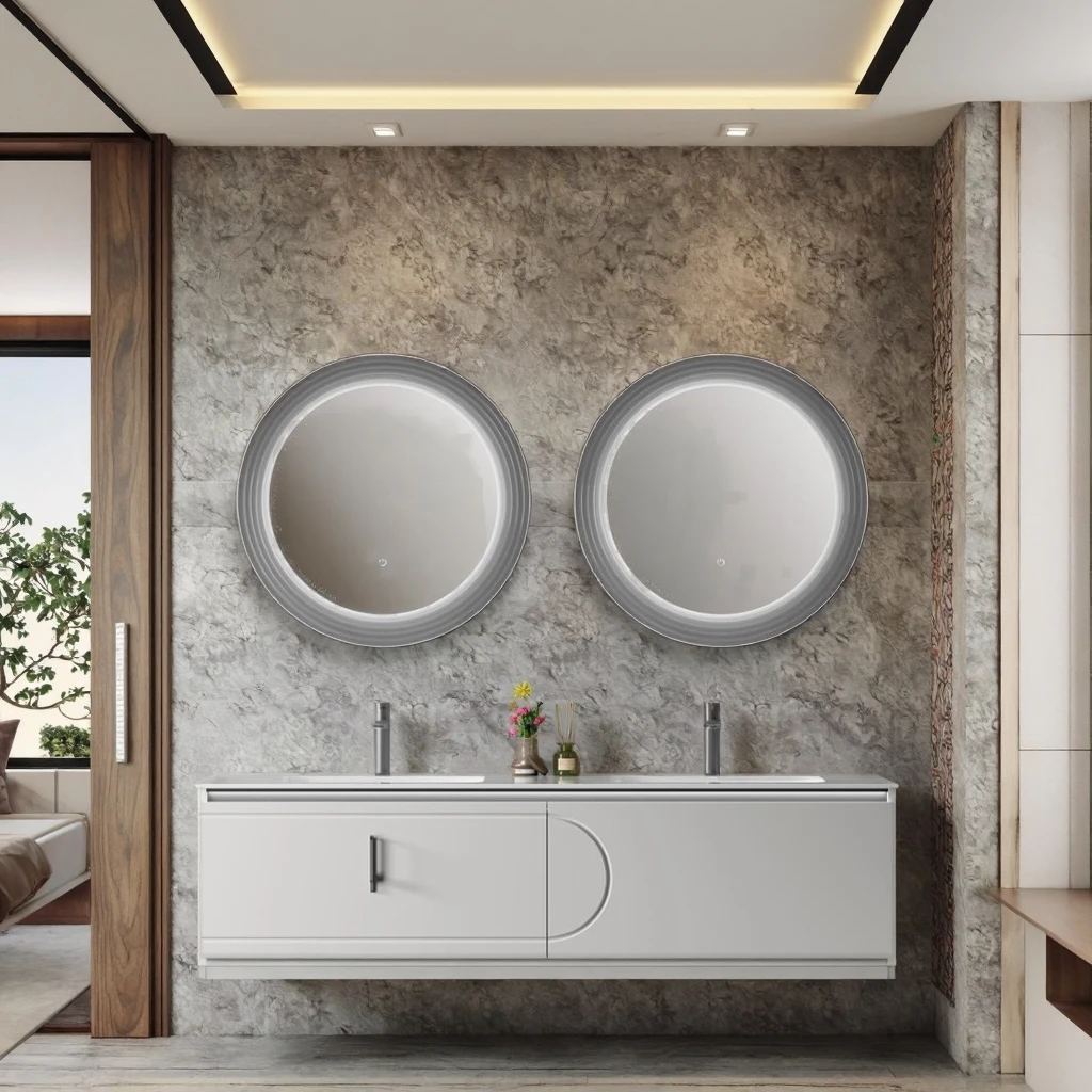 Modern Double Ceramic Sink Bathroom Vanity Wall Mounted Smart Mirror Lacquered Waterproof Carcase For Home Or Hotel