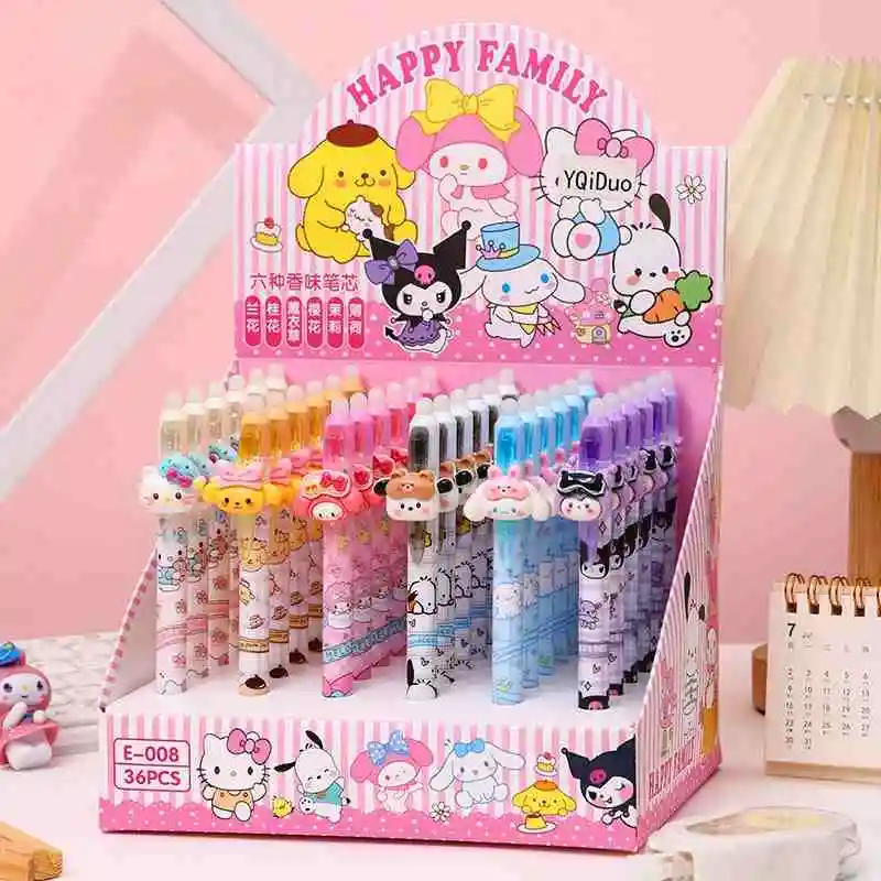 Sanrio Erasable Blue Gel Pen 36pcs Cartoon Kawaii Hello Kitty Kuromi Erasable Pen 0.5mm Blue Stereo Cartoon Resin Birthday Gifts