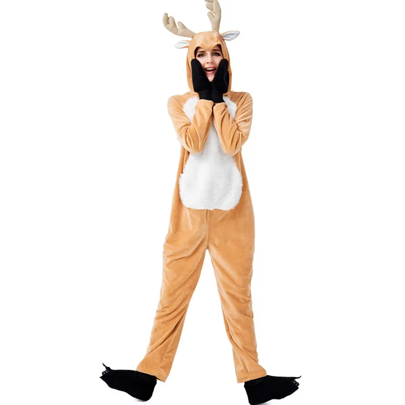 Adult Women Santa Claus Elk Costume Christmas New Year XMAS Brown Jumpsuit Fancy Dress