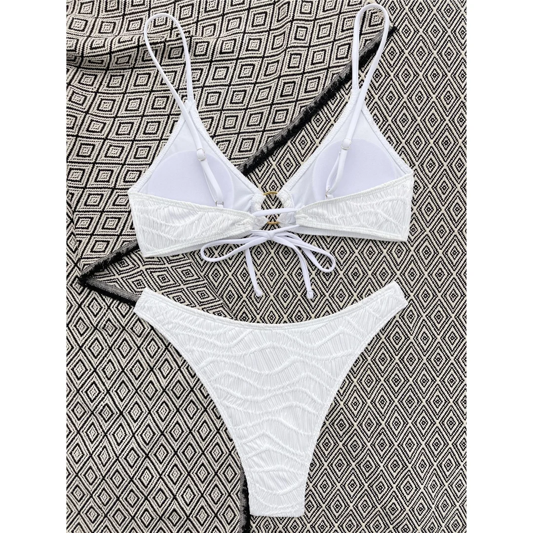 Bikini mit Faltenmuster-Metallring, mittelhoher Bund, Damen-Badeanzug, zweiteiliges Bikini-Set, gepolsterter Badeanzug, Badebekleidung, Modell V4567. – Detail 26