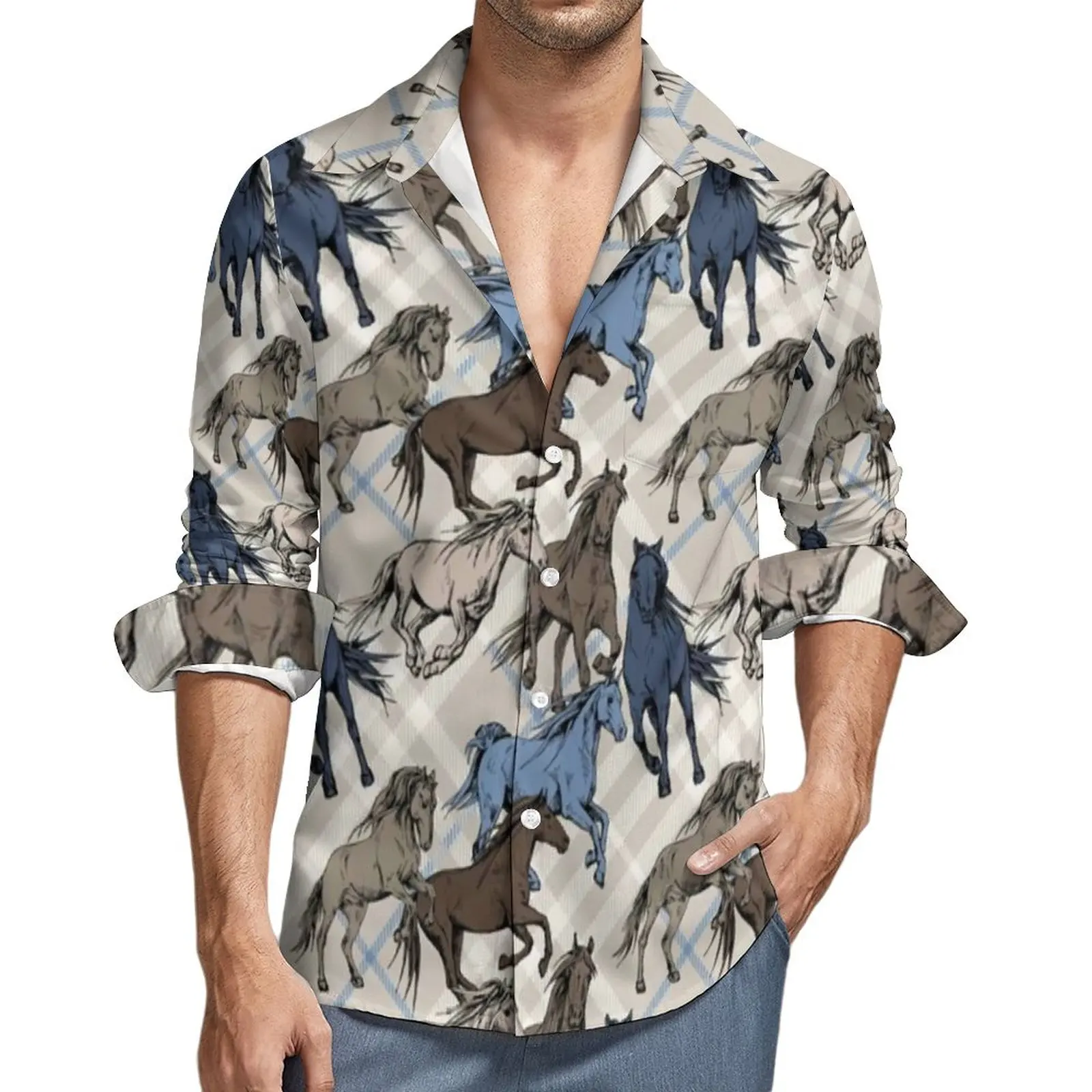 Running Horses Blue Gray Y2K Casual Shirt Mens Horse Art Color Shirt Spring Trending Blouses Long Sleeve Design Oversized Tops